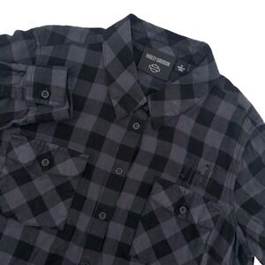 Harley-Davidson Women's XL Plaid Shirt Gray Black Long‎ Sleeve Embroidered